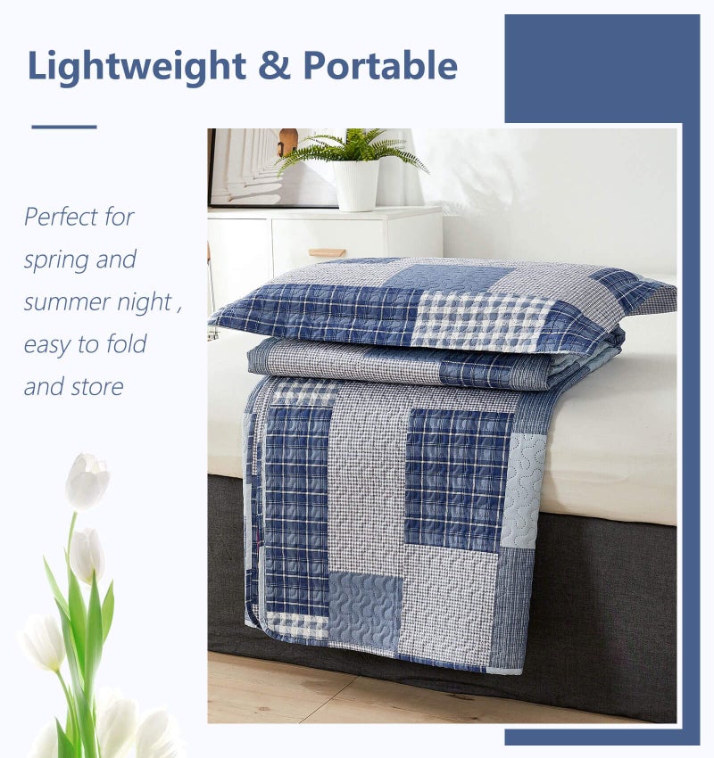CHESITY King Quilt Set King Size Plaid Bedding Sets 3-Piece Navy Blue Reversible Lightweight Stripe Grid Coverlet Bedspread Patchwork Soft Quilt for Bed (96"" x 108"") - Image 4